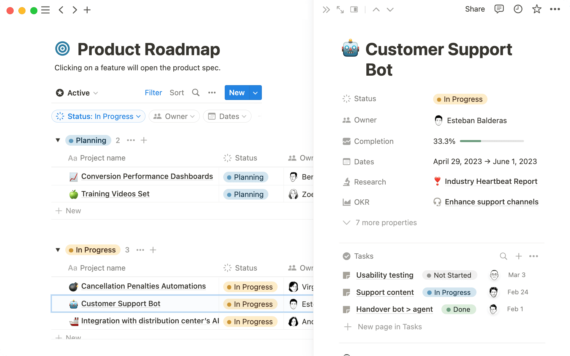 Use databases to connect your roadmap with projects and docs.